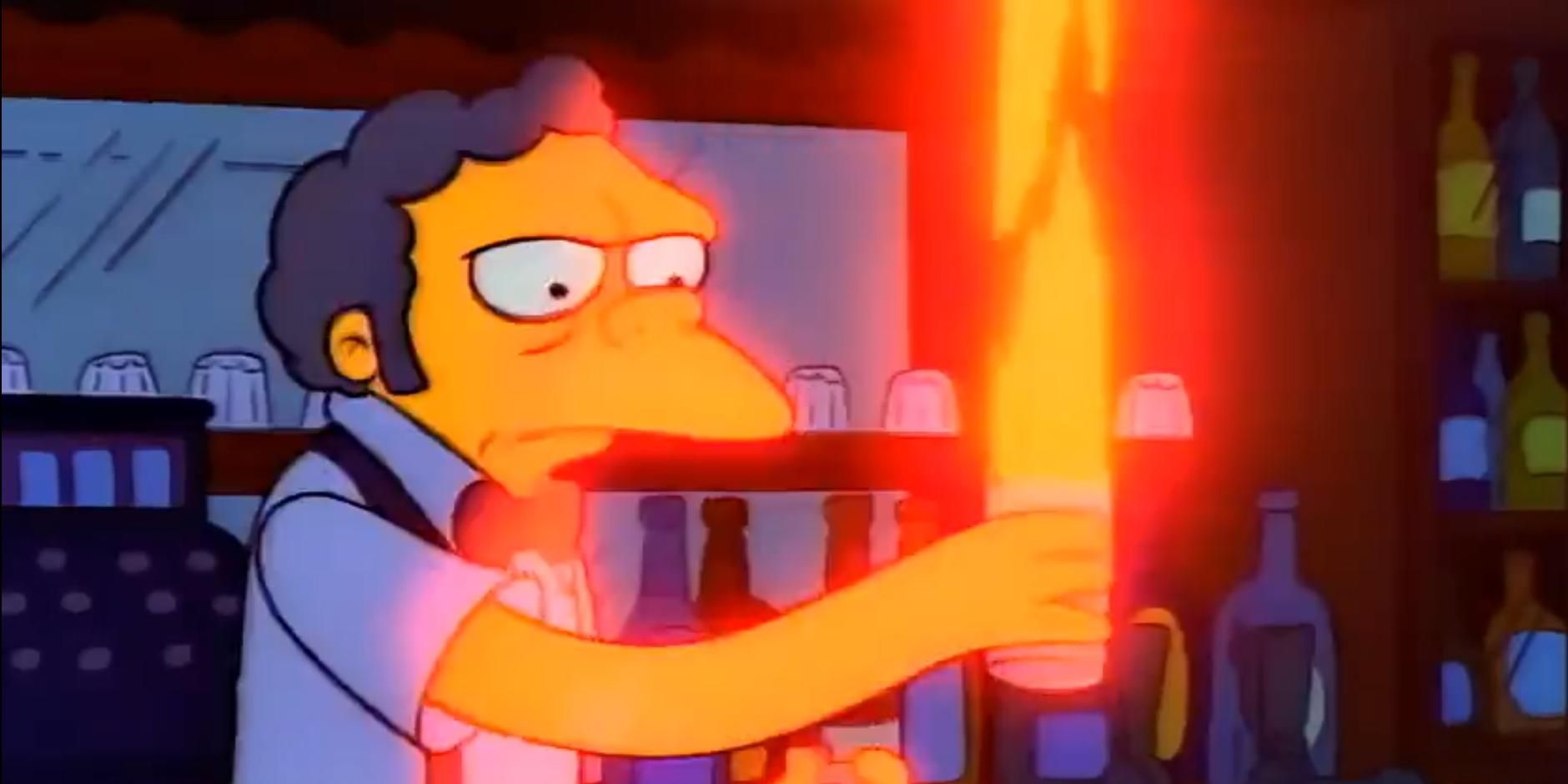 Moe makes the Flaming Moe drink whose recipe he stole from Homer