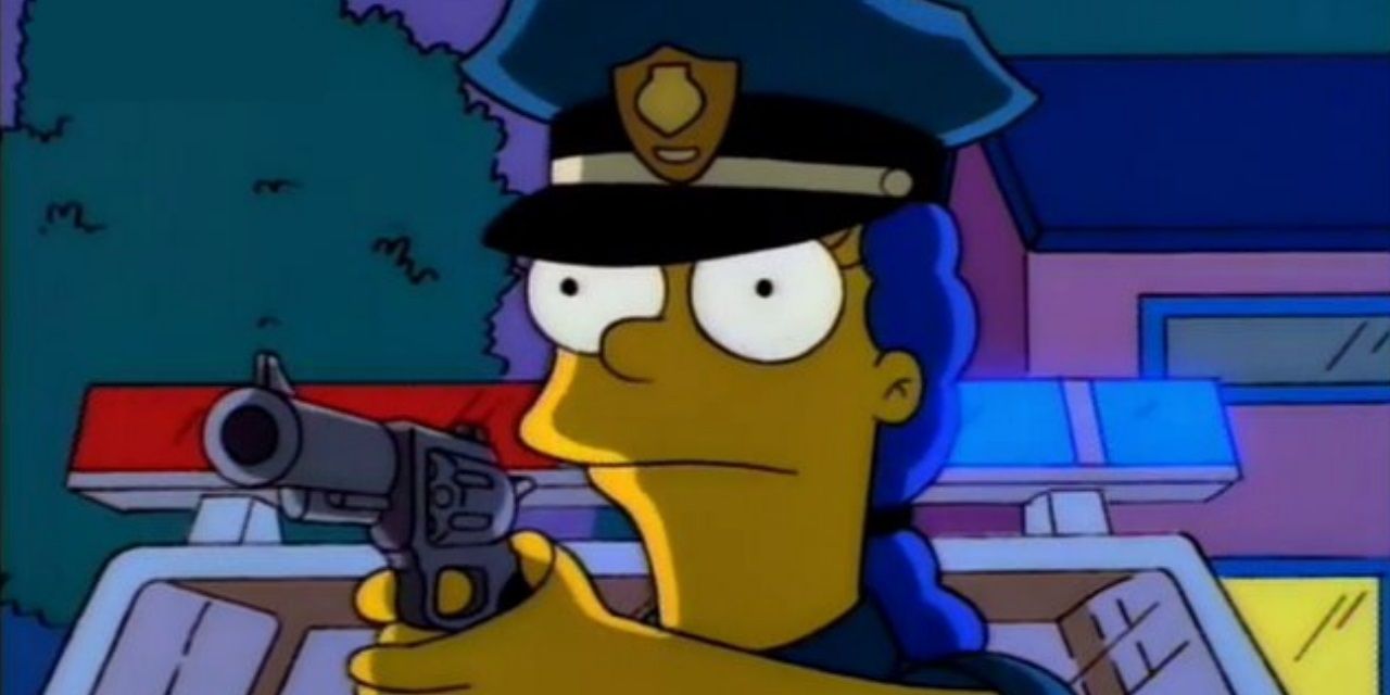 Marge wears a police uniform and points her gun