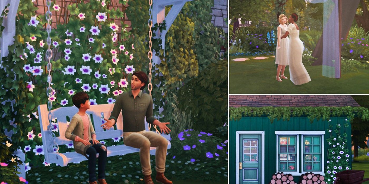 Stills of Sims spending time in the garden using The Sims 4 Cottage Garden custom content Stuff Pack by Plumbob Tea Society