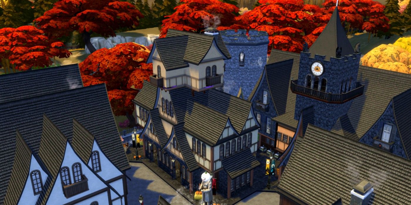 A city block in Willow Creek made using the Halloween Town Custom Content pack by SimDoughnut in The Sims 4