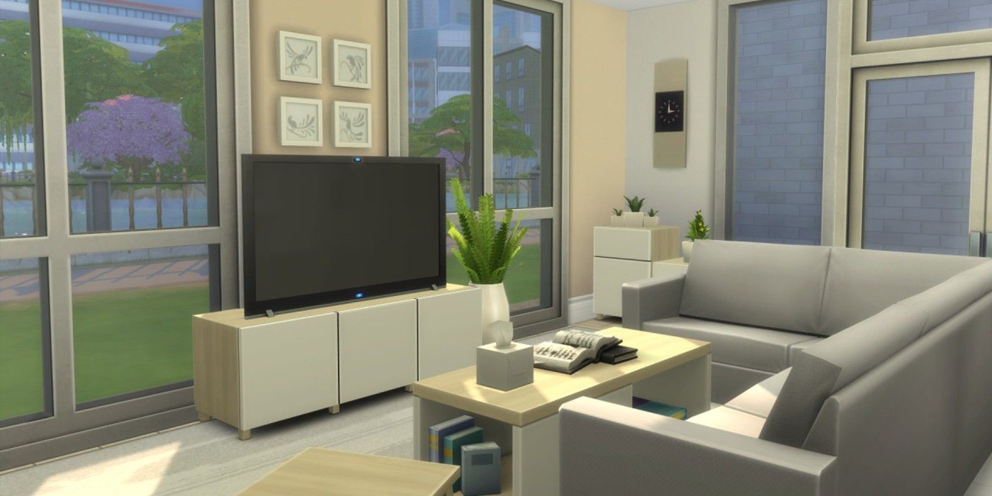 A living room in The Sims 4 styled using IKEA-inspired furniture