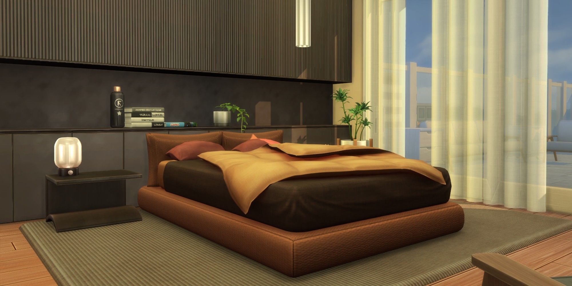 A bedroom created using the Sleek Slumber Custom Content Stuff Pack by LittleDica