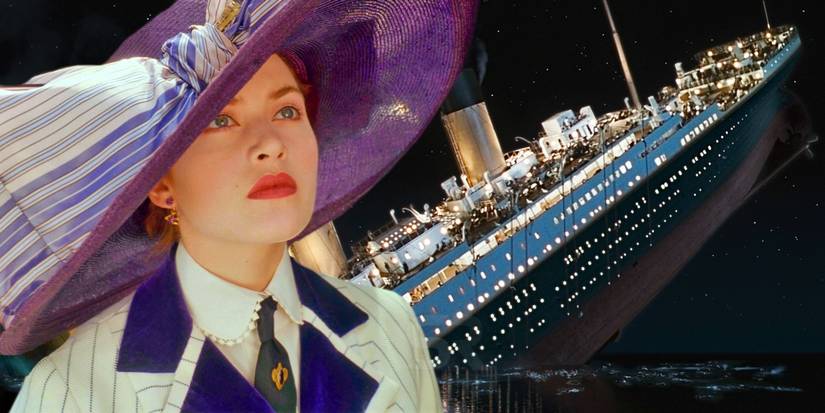 A blended image features Rose in front of the sinking Titanic.