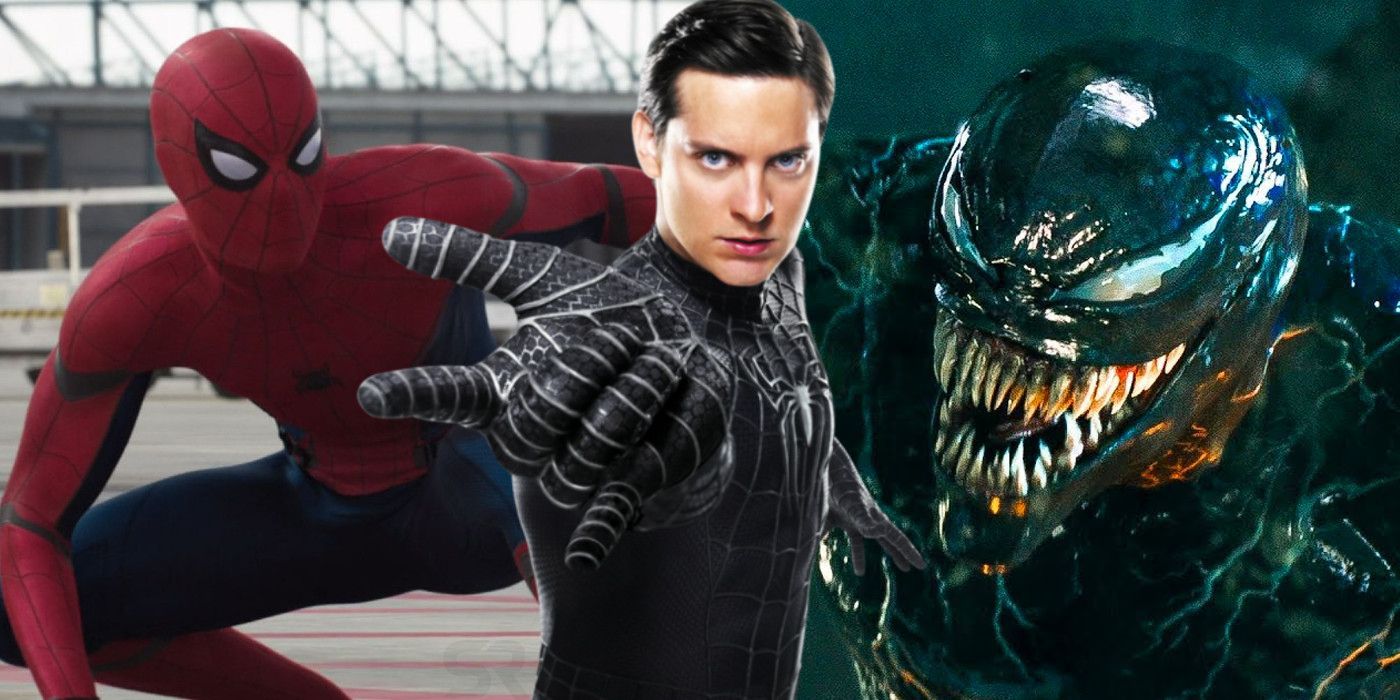 Tom Holland as Peter Parker Tom Hardy as Eddie Brock Tobey Maguire Black Suit Spider-Man 3 Venom Crossover