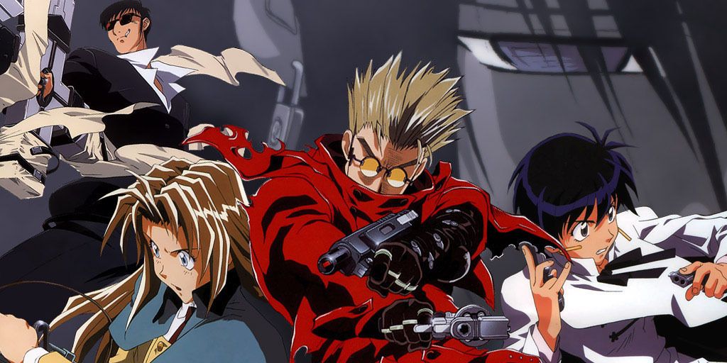 Three main characters of Trigun, action shot