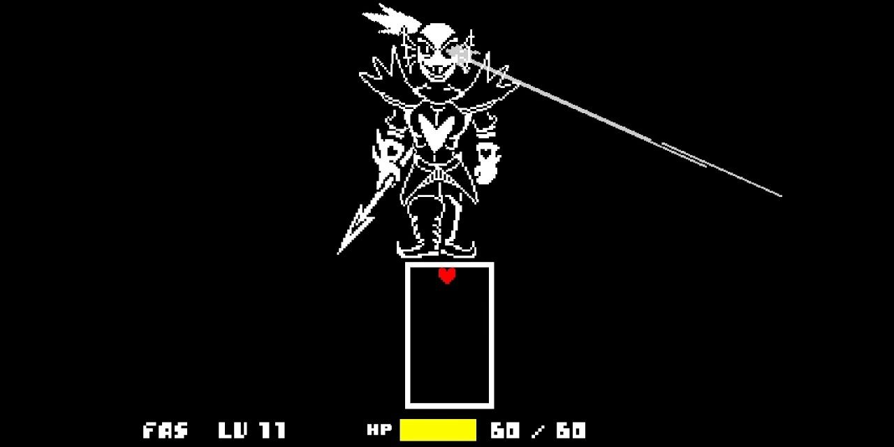 An image of Undyne the Undying standing on a box with a heart inside it in the game Undertale.