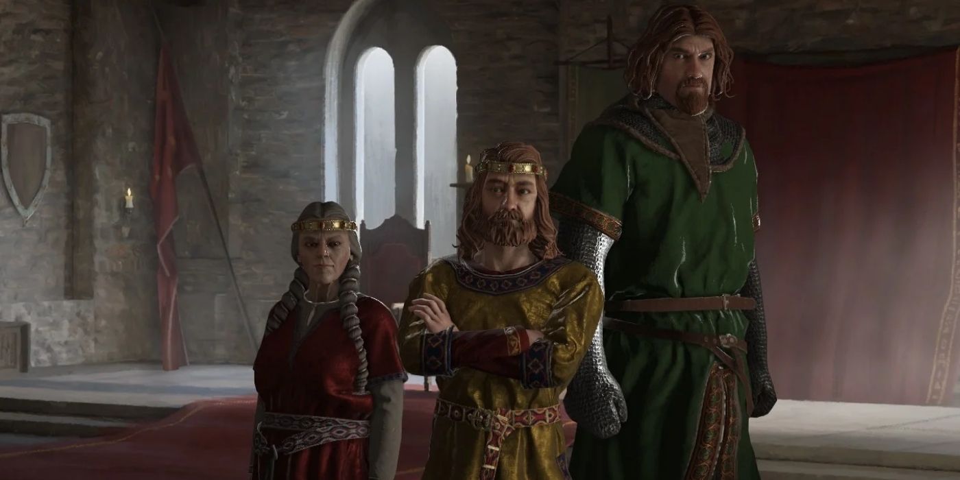 Three members of royalty stand inside a castle