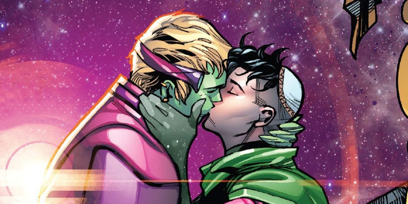Wiccan and Hulkling kissing in Marvel Comics.