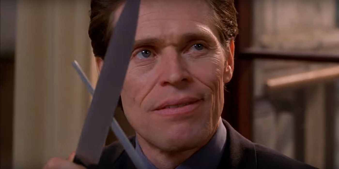 Willem Dafoe as Norman Osborn sharpening a knife in Spider-Man