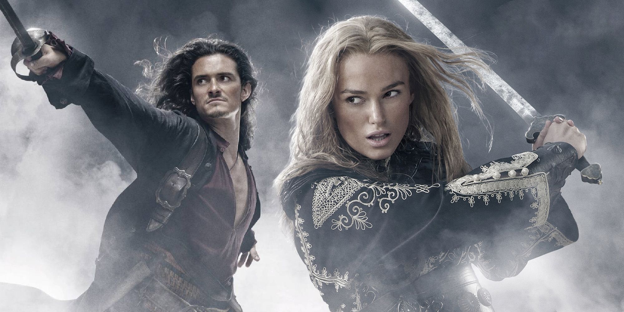 A blended image features Orlando Bloom as Will Turner and Keira Knightley as Elizabeth Swann in Pirates of the Caribbean 3 promotional art