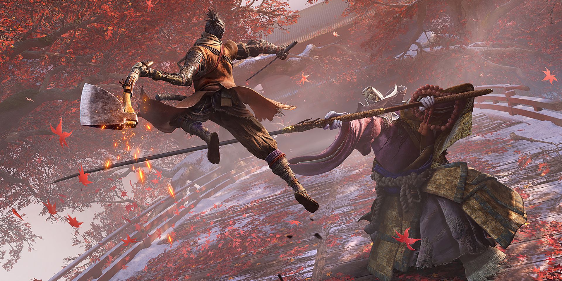 Wolf leaping to a boss with an ax in Sekiro Shadows Die Twice