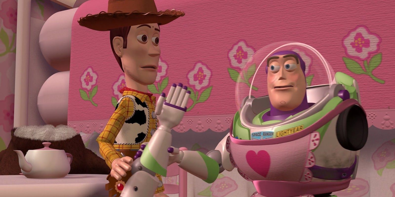 Woody and Buzz as Mrs Nesbitt in Toy Story