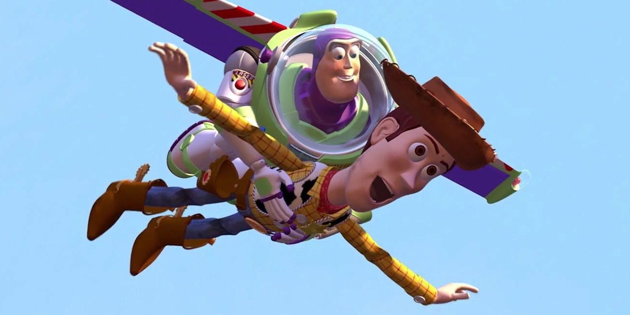 Woody and Buzz flying to catch up with Andy's moving truck