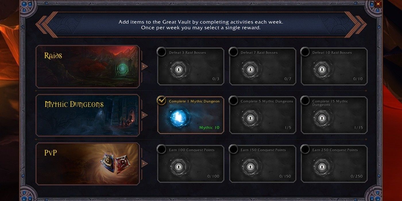 The Great Vault objectives and rewards interface in World of Warcraft: Shadowlands