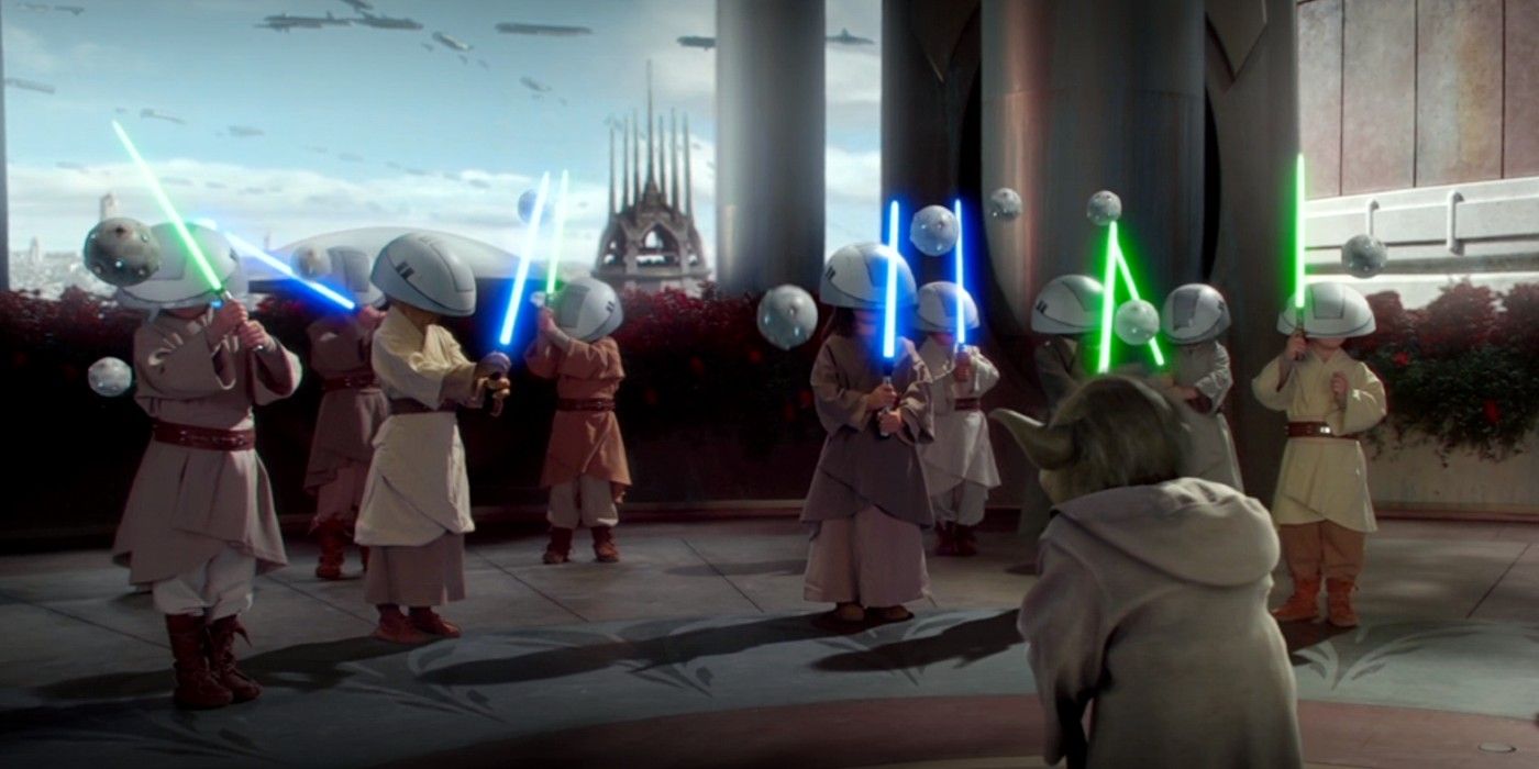 Yoda trains a group of Younglings in Star Wars Attack of the Clones