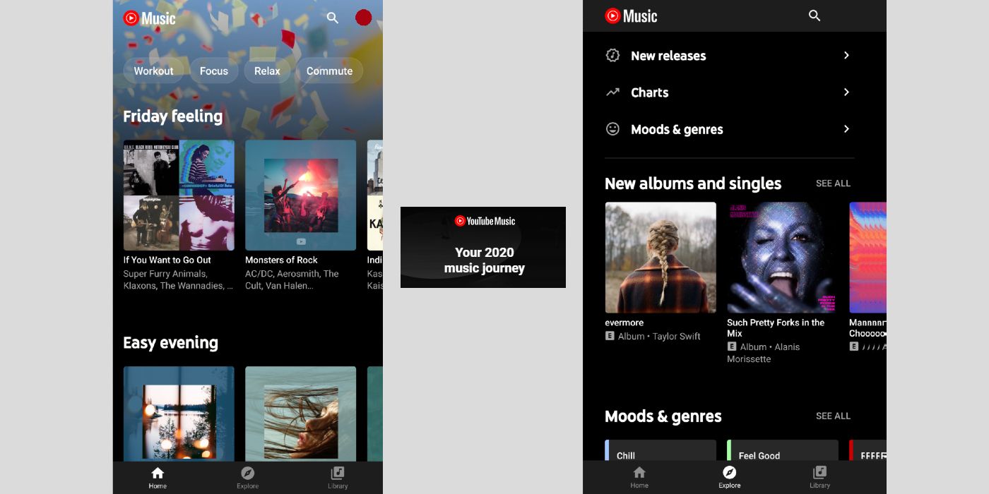 YouTube Music app screenshots and Your 2020 Music Journey badge