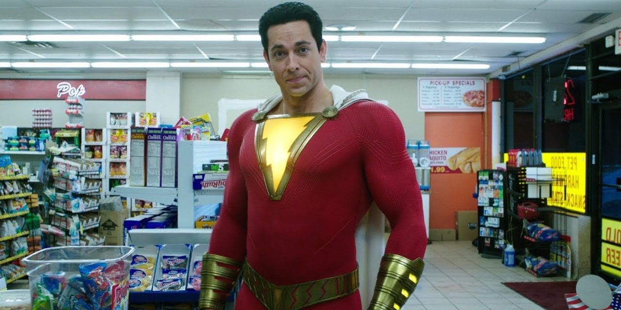 Zachary Levi as Billy Batson in his Shazam form Wearing his Suit in a convenience store