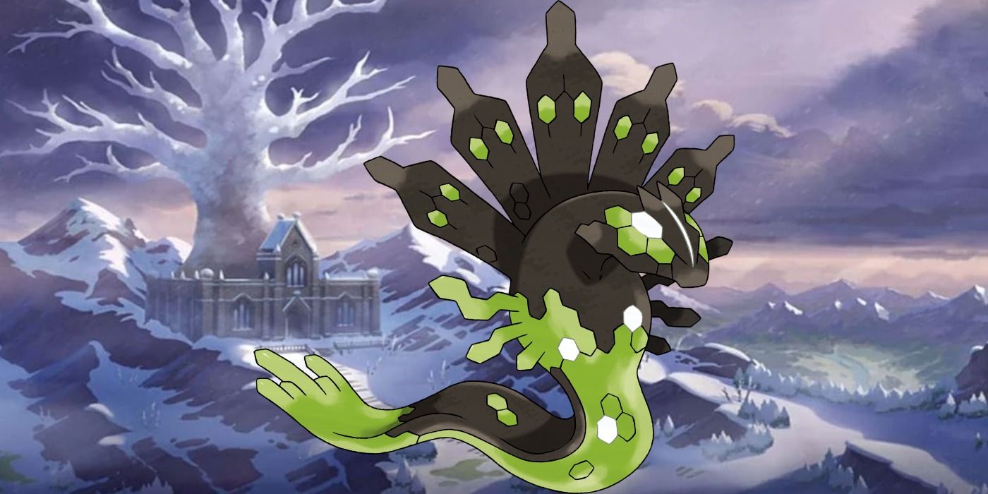 Zygarde on a background of Pokemon Sword &amp; Shield's The Crown Tundra DLC