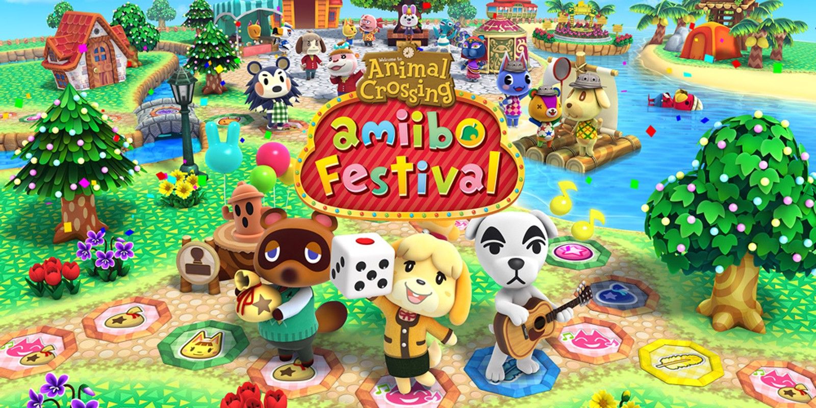 Animal Crossing Amiibo Festival cover art with Tom Nook, Isabelle, and KK Slider.