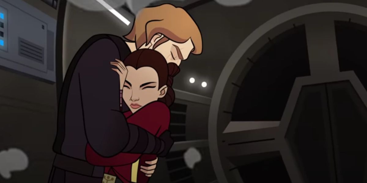 Anakin Skywalker and Padme Amidala embracing one another in The Forces of Destiny &quot;Unexpected Company&quot;