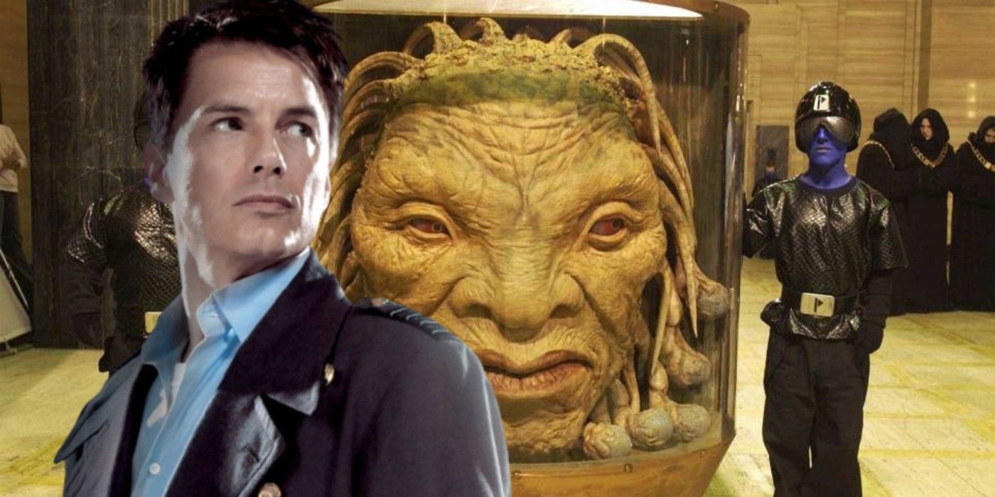 A blended image features Jack Harkness alongside the Face of Boe under guard in Doctor Who