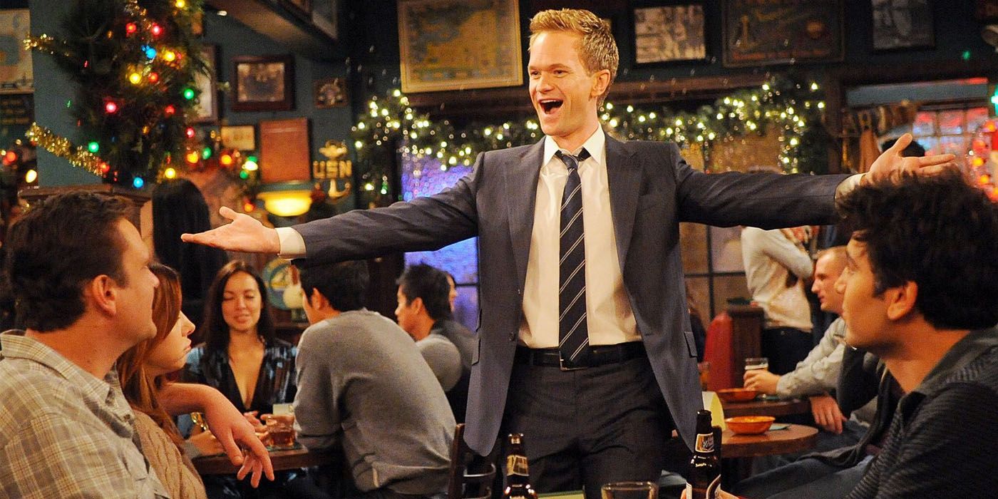 Barney excitedly joins his friends at the bar in How I Met Your Mother