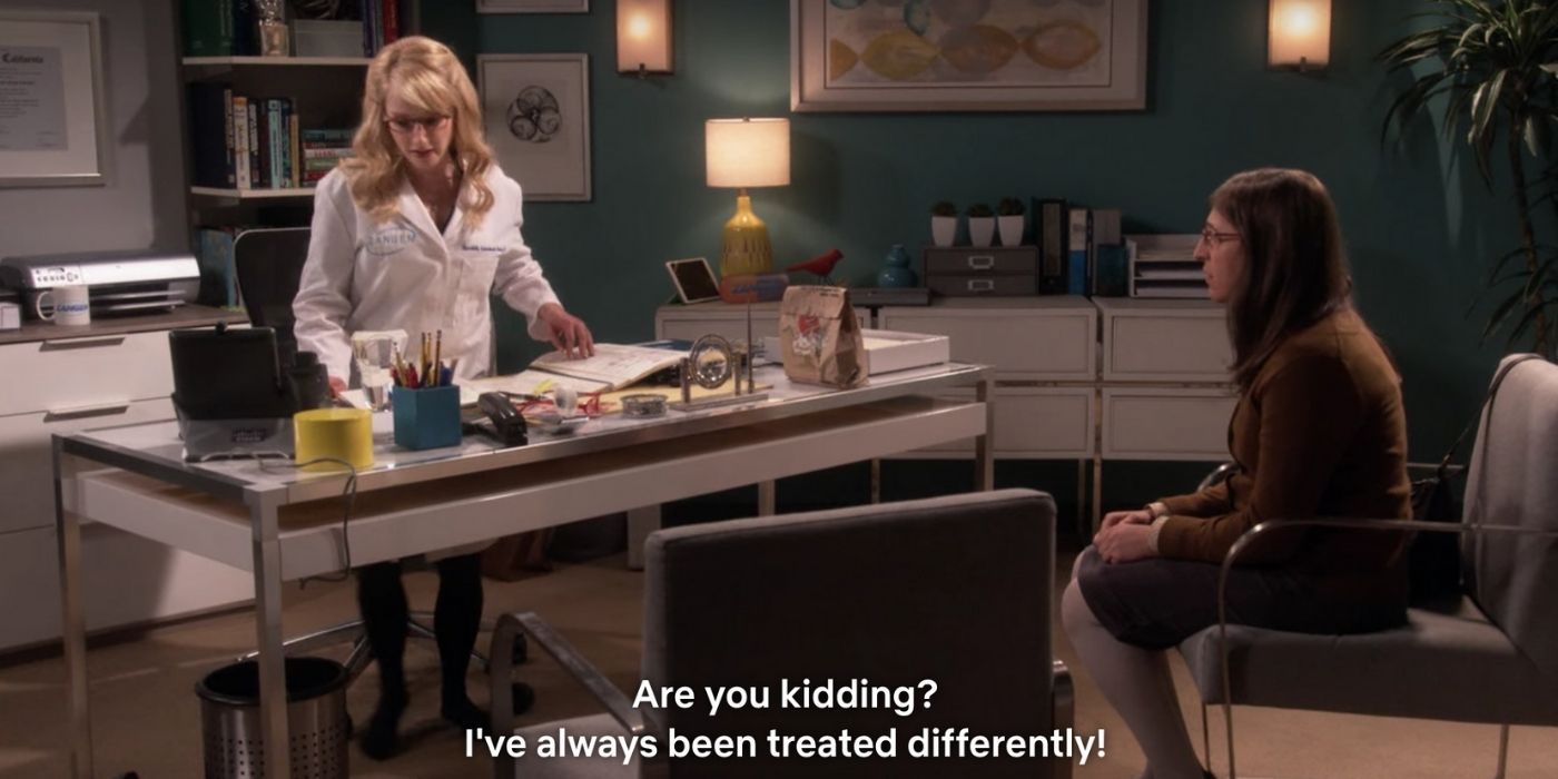 Bernadette at work talking to Amy about her appearance on TBBT