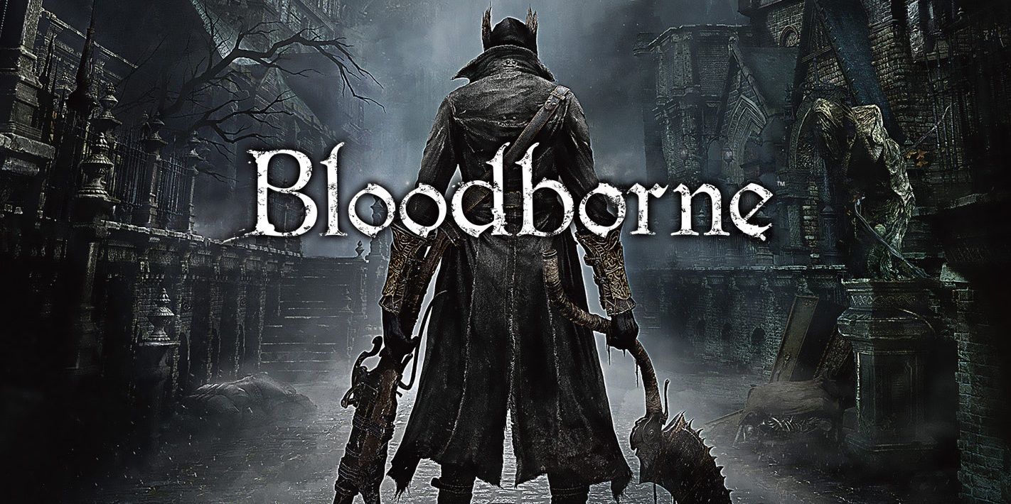 Cover art for Bloodborne, showing a character from behind amid gothic architecture.