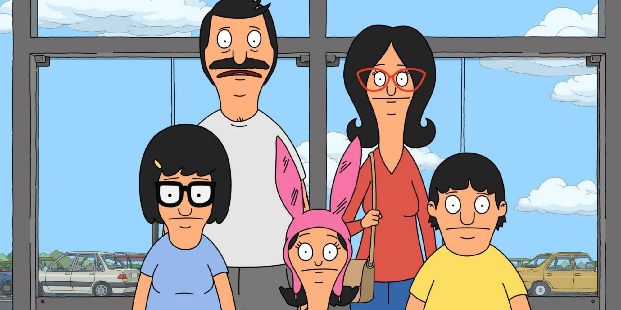The Belcher family standing together in Bob's Burgers