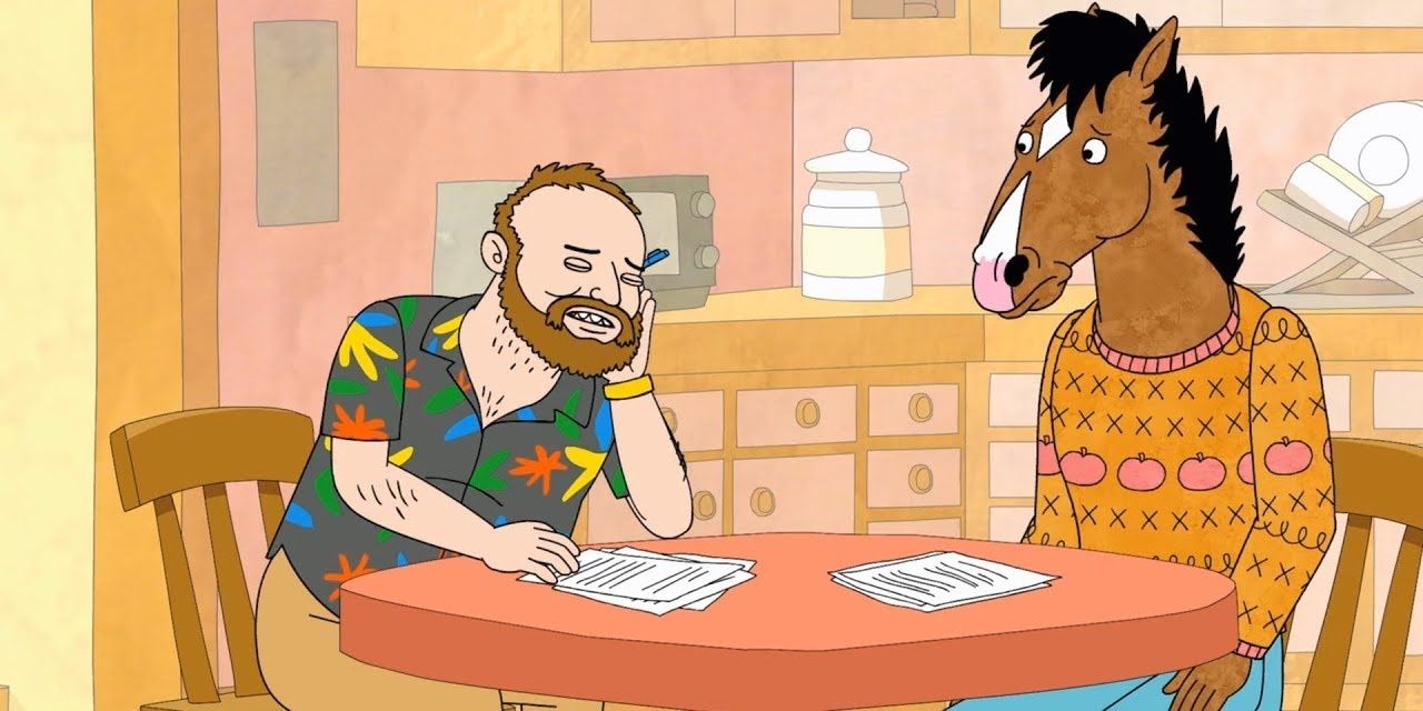Herb Kazzaz in a printed shirt sitting at a table across BoJack who wears a printed sweater