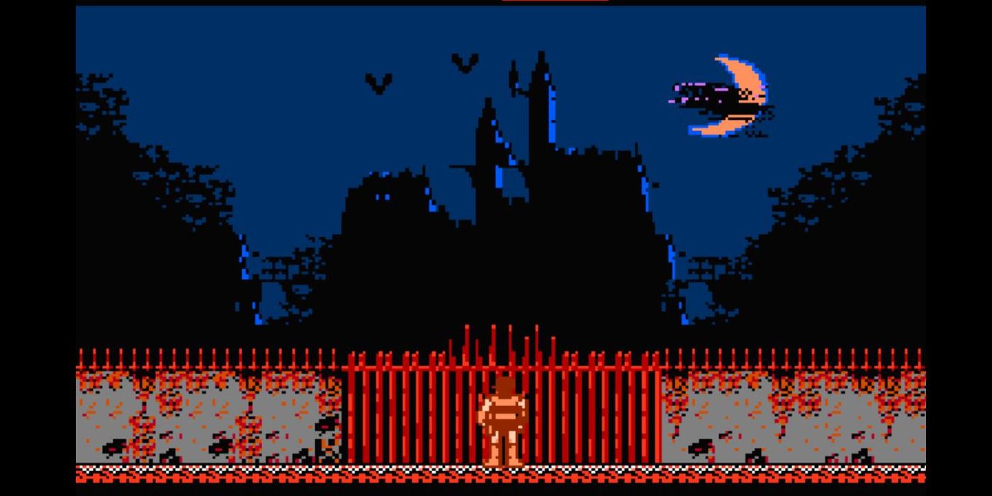 Simon Belmont stands before the gates of Castle Dracula