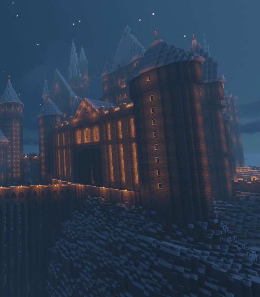 christmas at hogwarts minecraft build vertical a snow covered castle at night