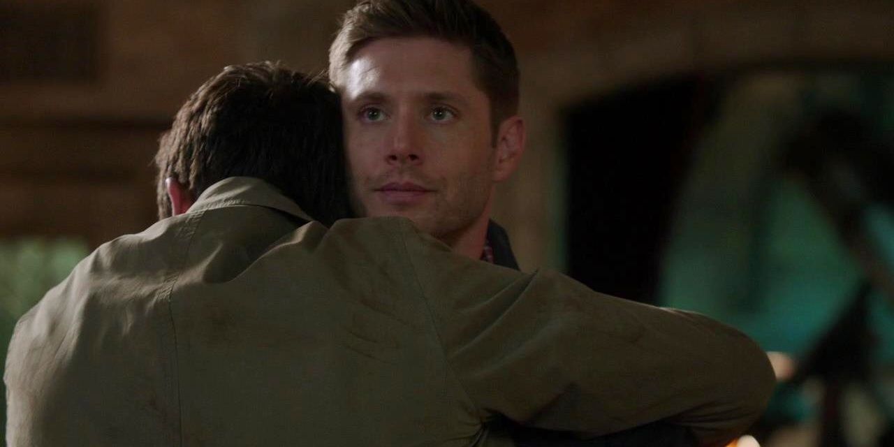 Dean and Castiel hug in Supernatural