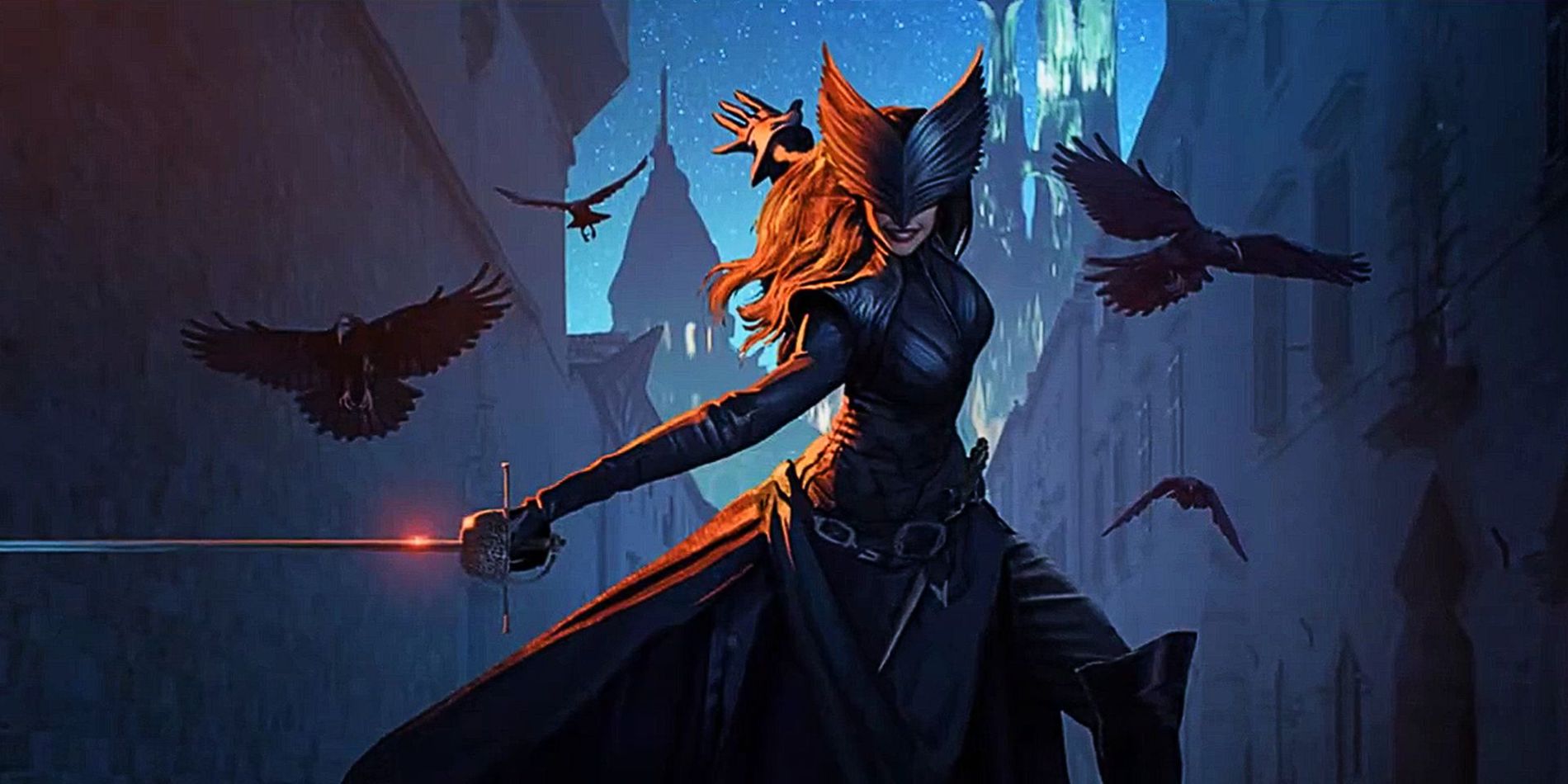 Concept art depicting a female character wielding a sword