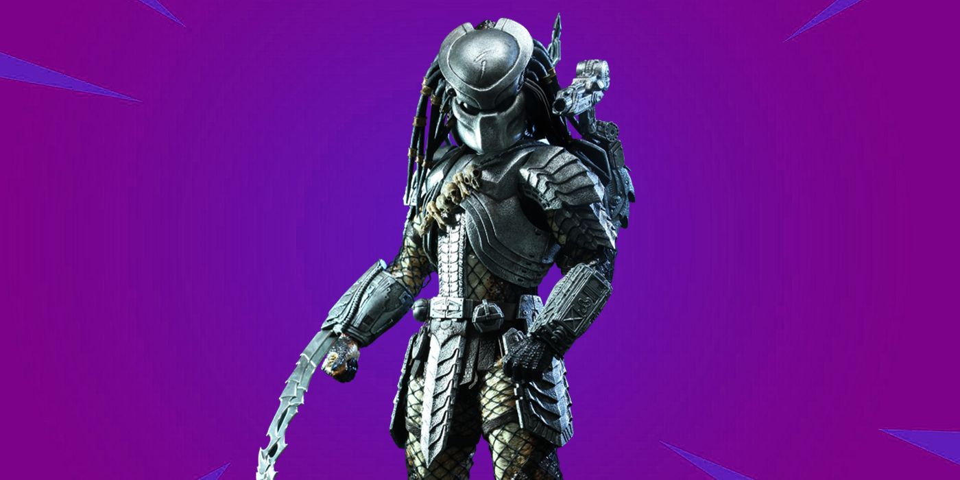 The Predator standing against a purple background in Fortnite