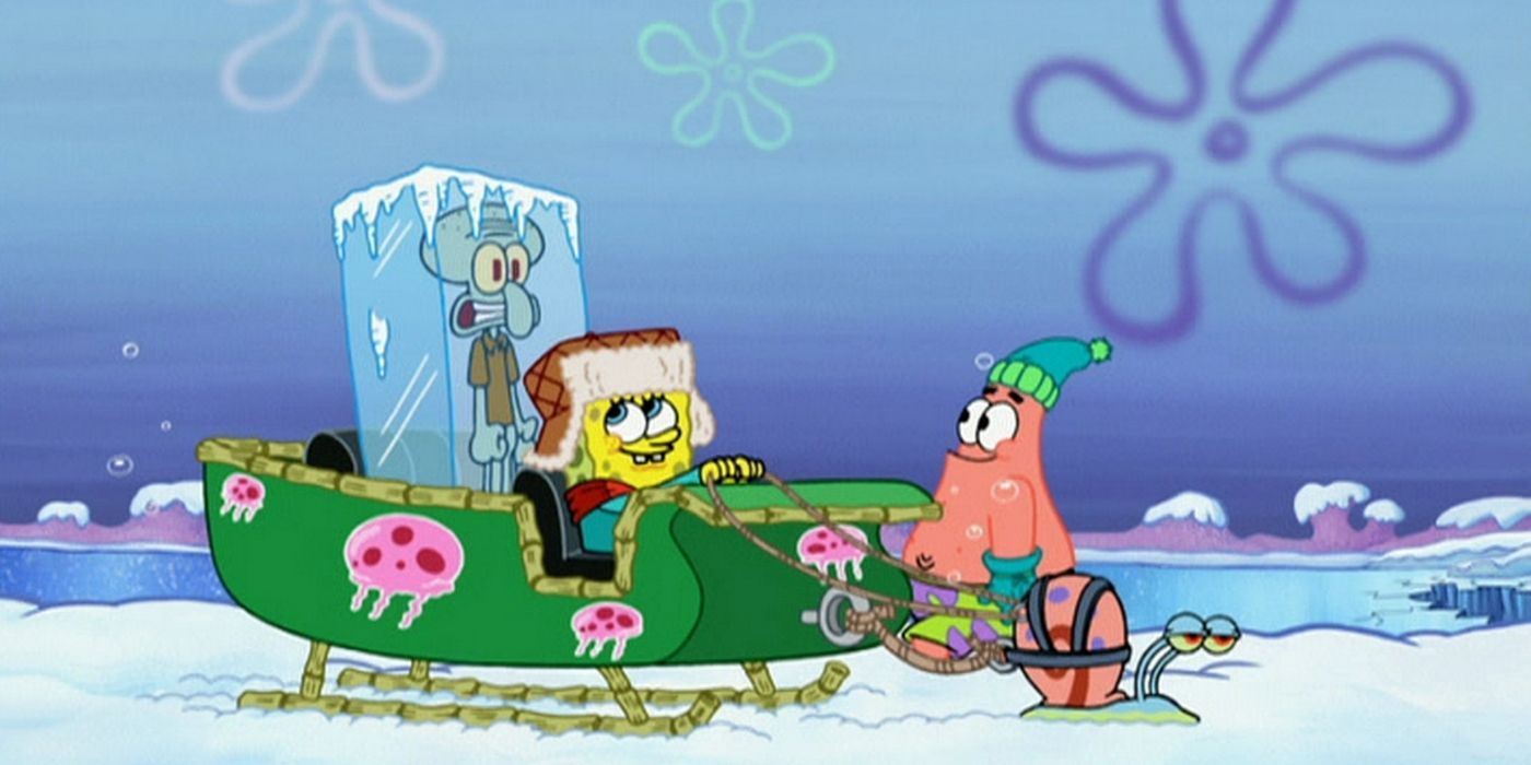 SpongeBob SquarePants, Patrick, and Gary pull a frozen Squiadward in a sleigh