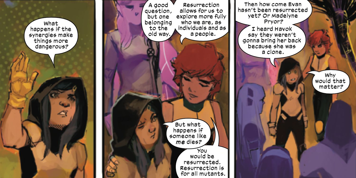 Gabrielle Kinney and Wolfsbane talking about resurrection in New Mutants #14.
