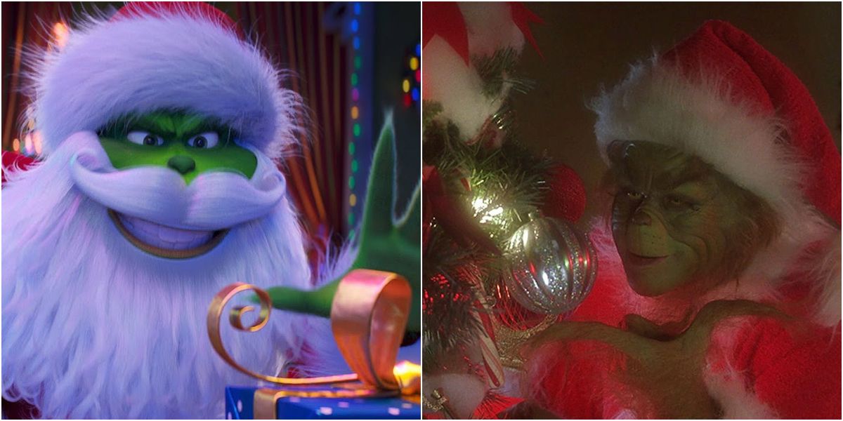 Grinch stealing Christmas in animated movie and live-action