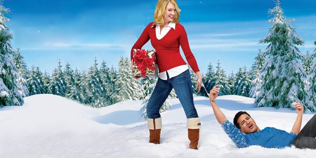 Melissa Joan Hart segurando a mão de Mario Lopez no pôster promocional de Holiday In Handcuffs