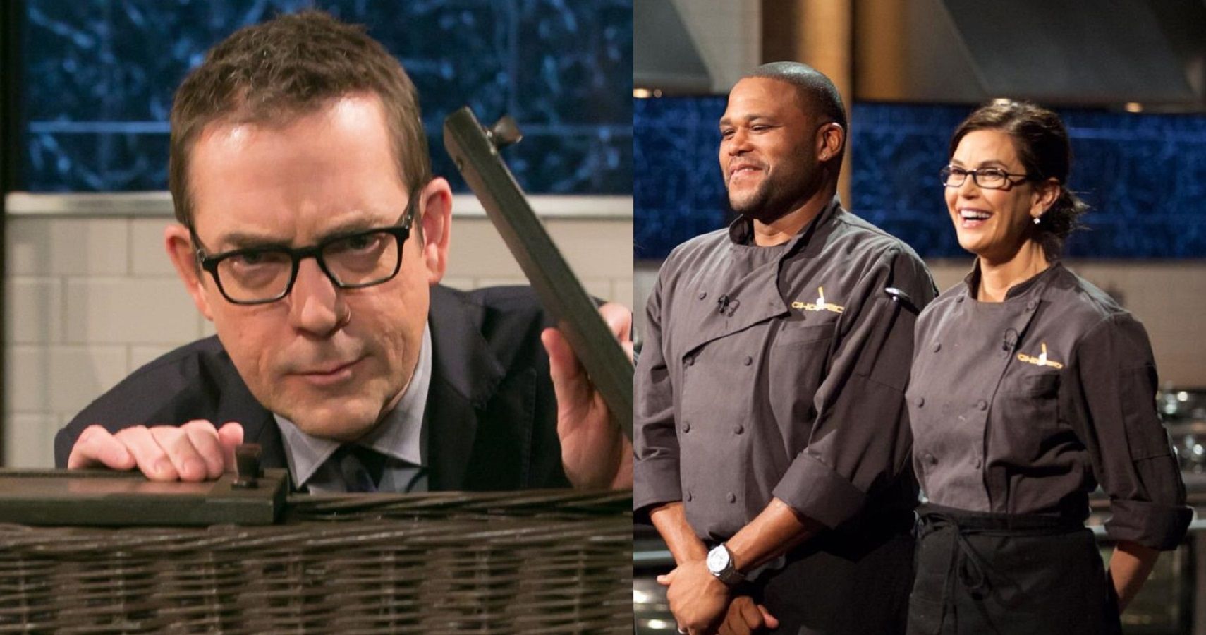 Chopped, Ted Allen looks in basket, contestants look on
