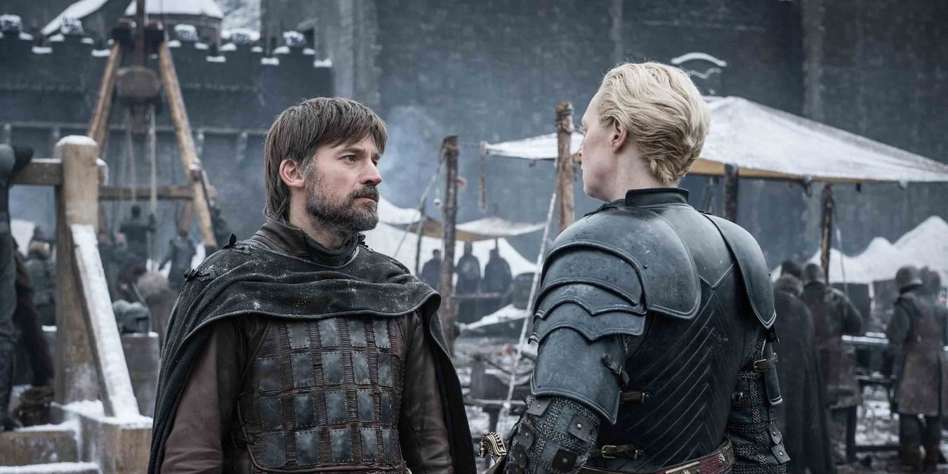 Jaime and Brienne talking at Winterfell in Game of Thrones.