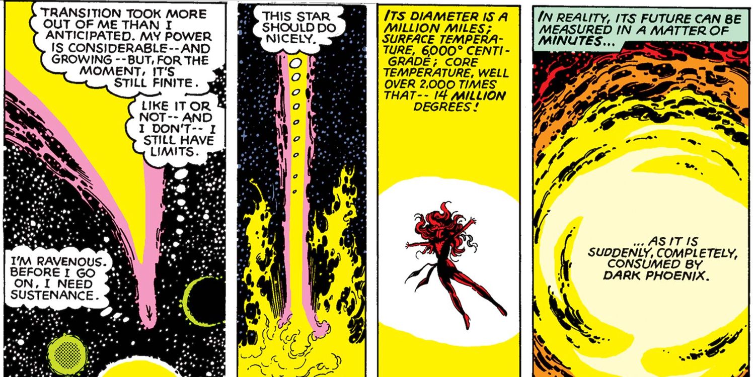 Jean Grey in the Dark Phoenix Saga, eating a star in Uncanny X-Men 135