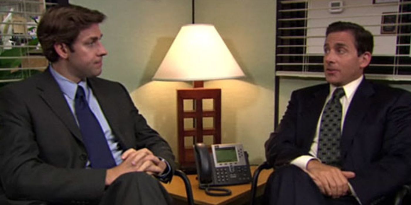 Jim and Michael argue in Michael’s office in The Office
