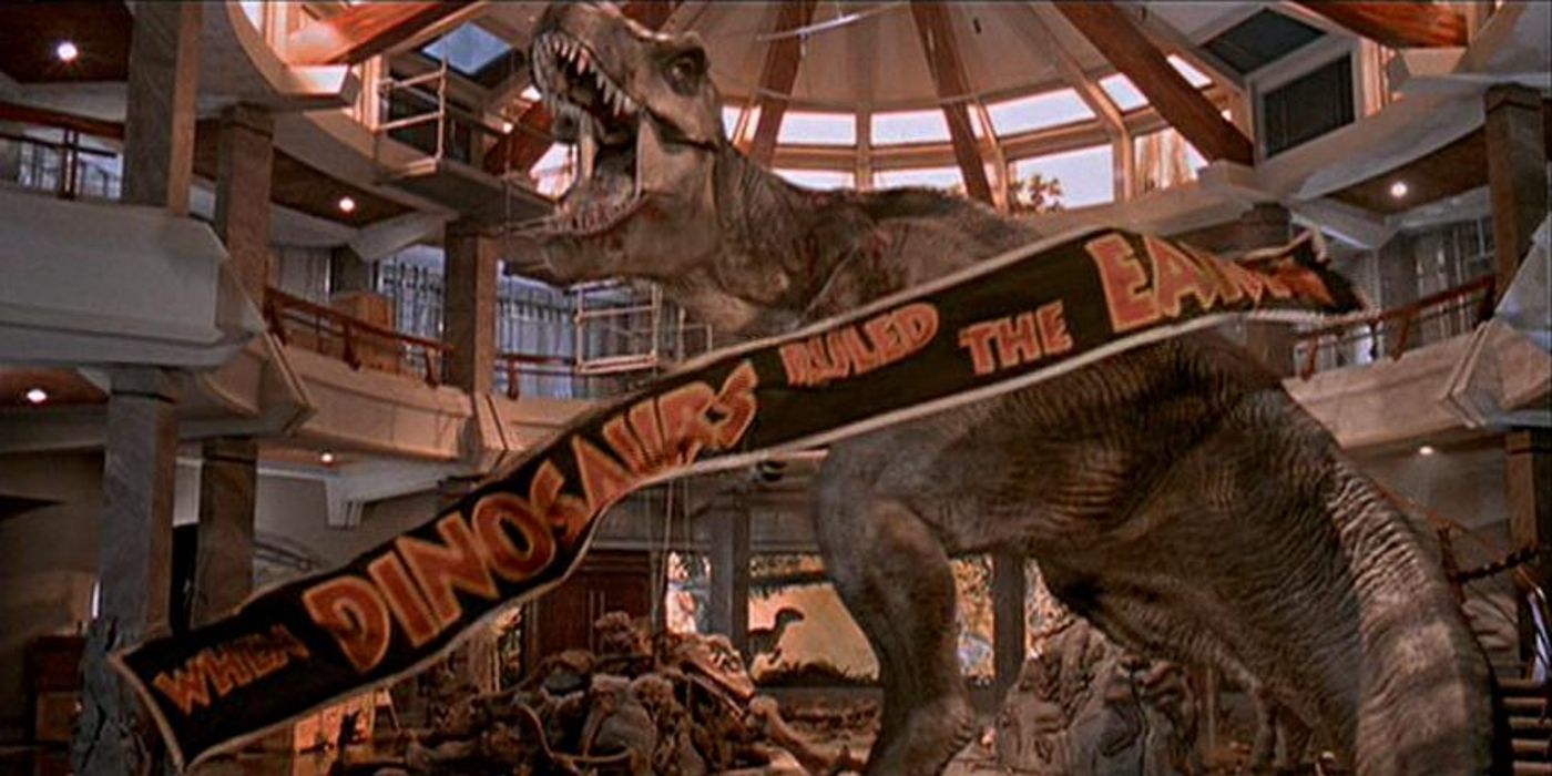 The Jurassic Park visitors centre scene with a T-Rex