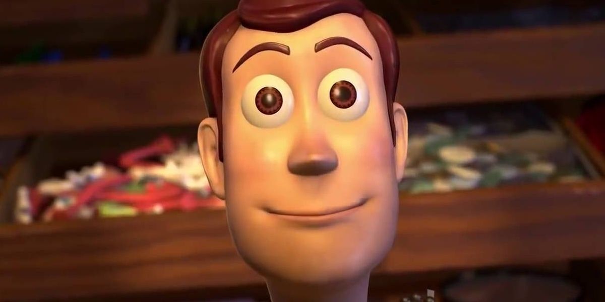 A close up of Woody's face on Toy Story