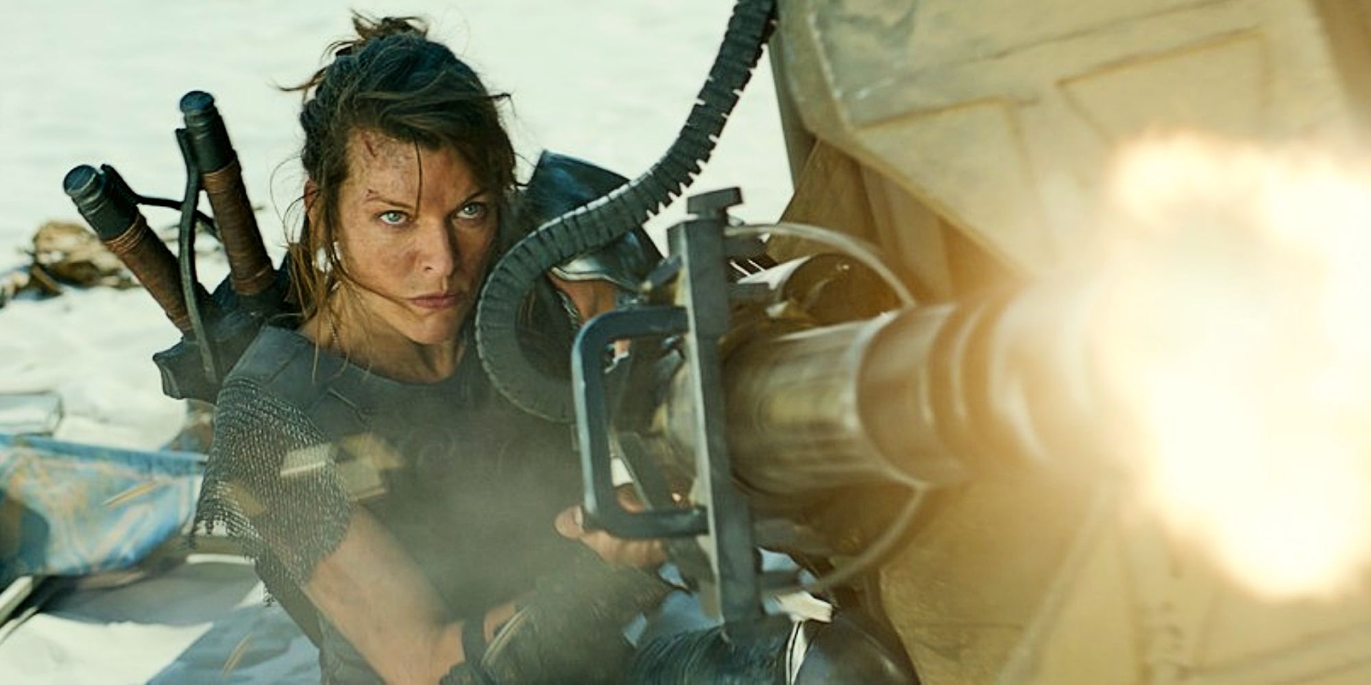 Milla Jovovich firing a weapon in Monster Hunter