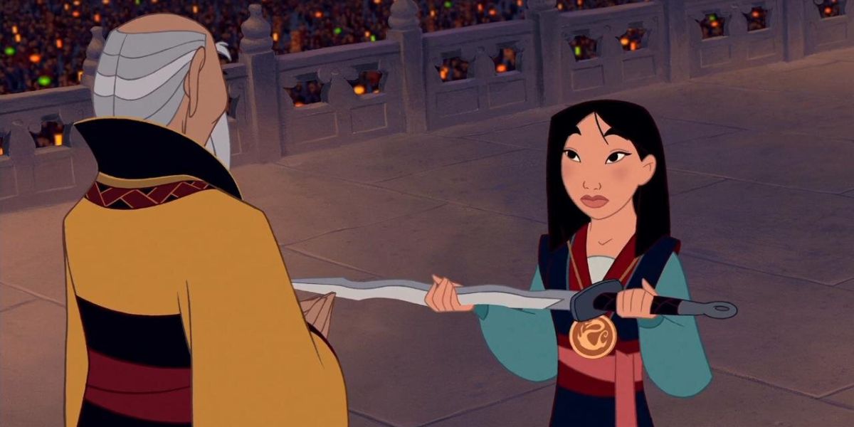 Mulan presents the Emperor with the sword of Shan Yu in the animated film, Mulan. 