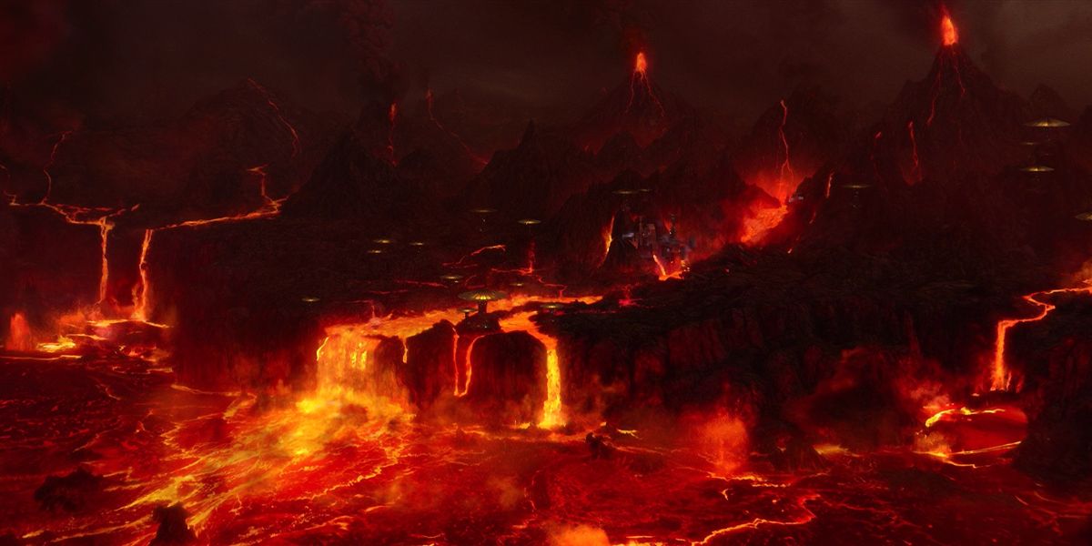 the volcanic planet of Mustafar as seen in Revenge of the Sith
