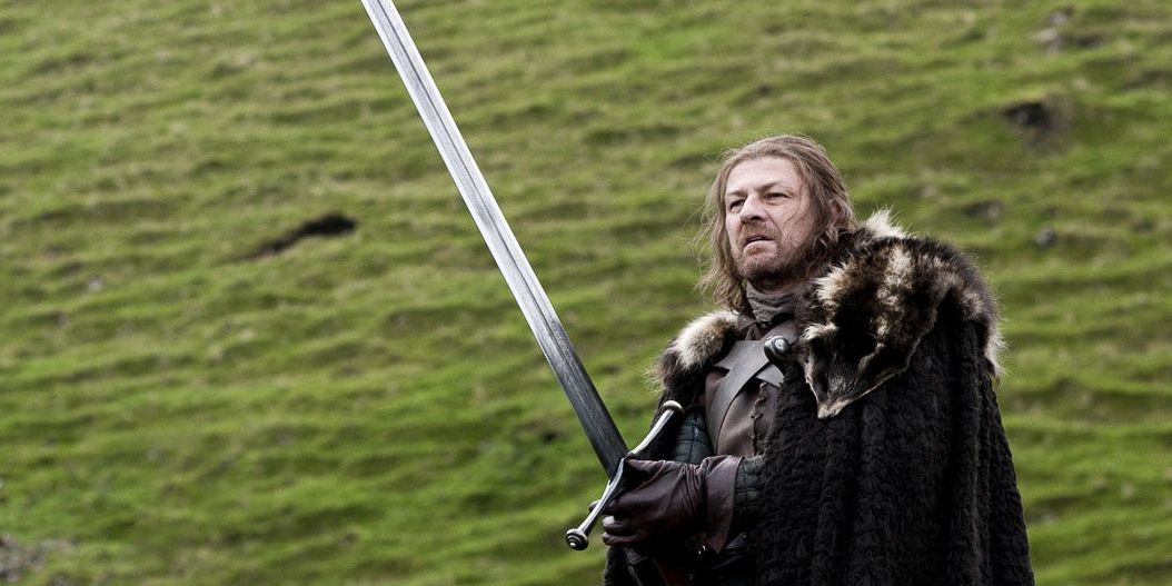 Ned Stark holding Ice, the valyrian steel sword of House Stark