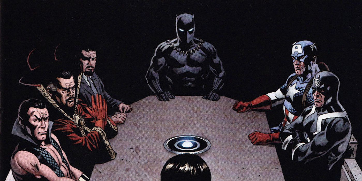 An image of the Illuminati sitting around the table in the Marvel comics